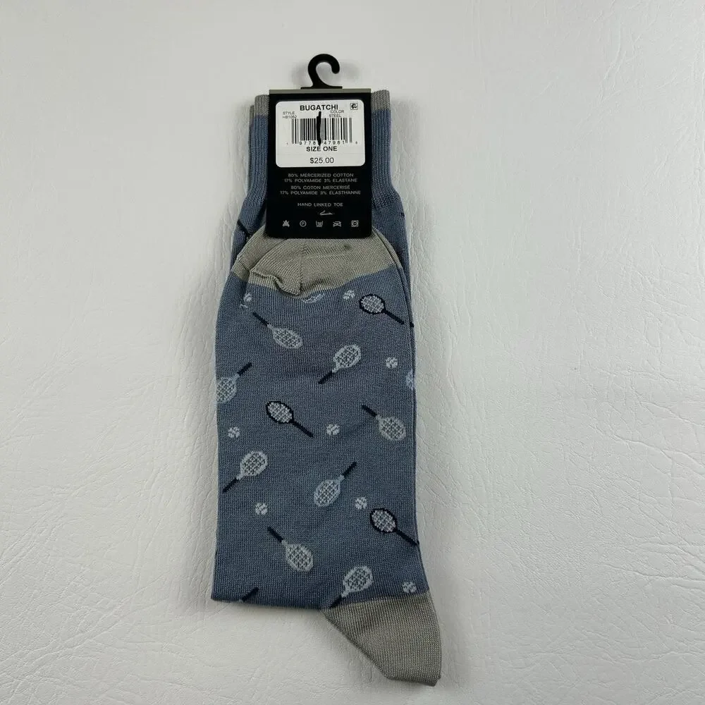 Bugatchi Tennis Racket Novelty Dress Socks Mercerized Cotton Italy One Size NWT